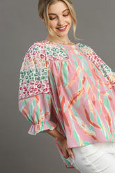 Umgee Full Size Mixed Print Lace Trim Top Plus Size OutfitFlow